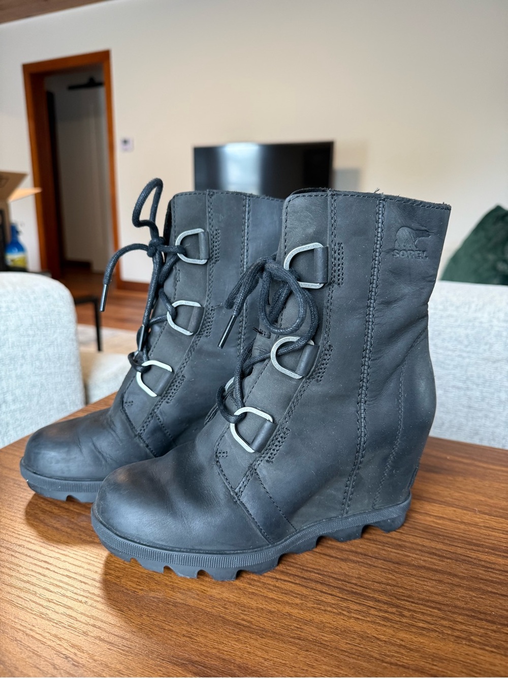 Sorel Joan of Arctic Black Lace-Up Wedge Boots